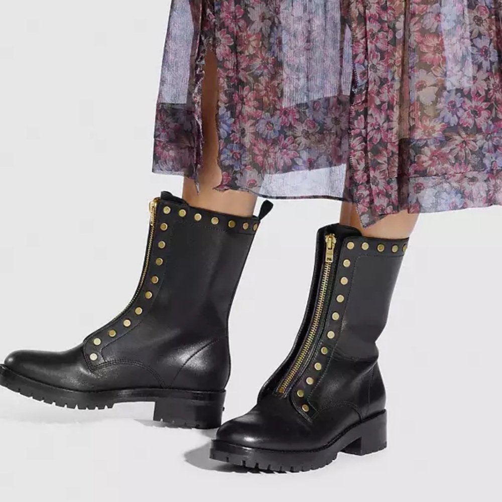 Coach Lara Black Leather Combat Moto Boots with Studded Gold Details